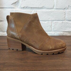 Sorel Ankle Chelsea Boots Womens 7.5 Cate Brown Waterproof Leather Block 2" Heel